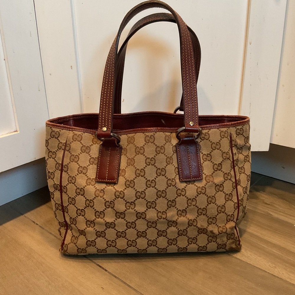 Gucci Vintage GG Monogram Canvas Brown Leather Tote Bag Shoulder Purse 2123